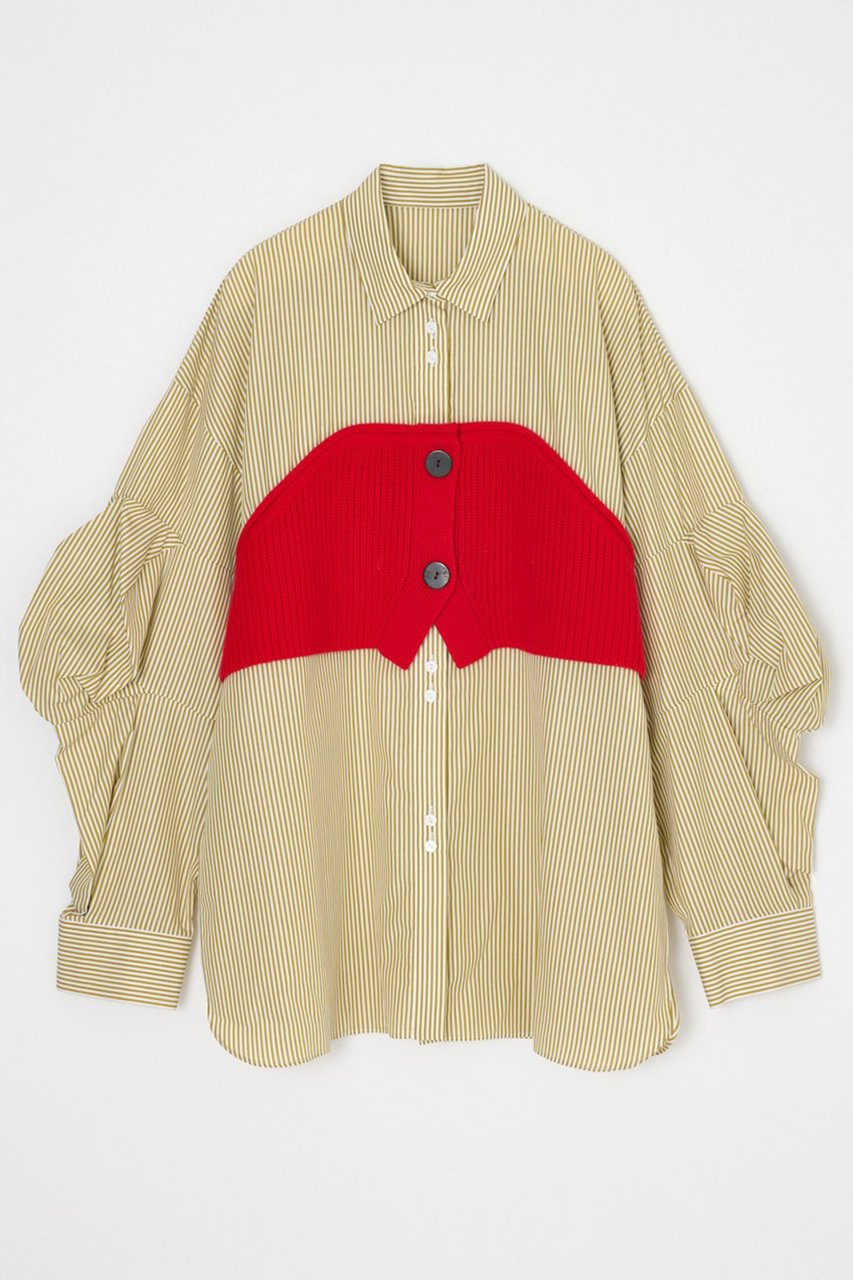 ENFOLD Stripe ニットドッキング SH/シャツ (カーキ, 38) エンフォルド ELLE SHOP