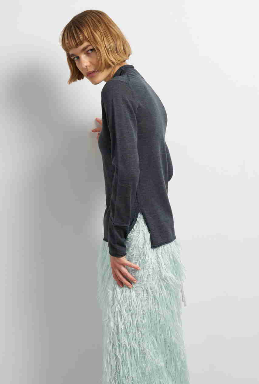 ◎LANVIN アイボリー ハイネック半袖ニット レースハイネック半袖プルオーバー(L アイボリー AVORIO