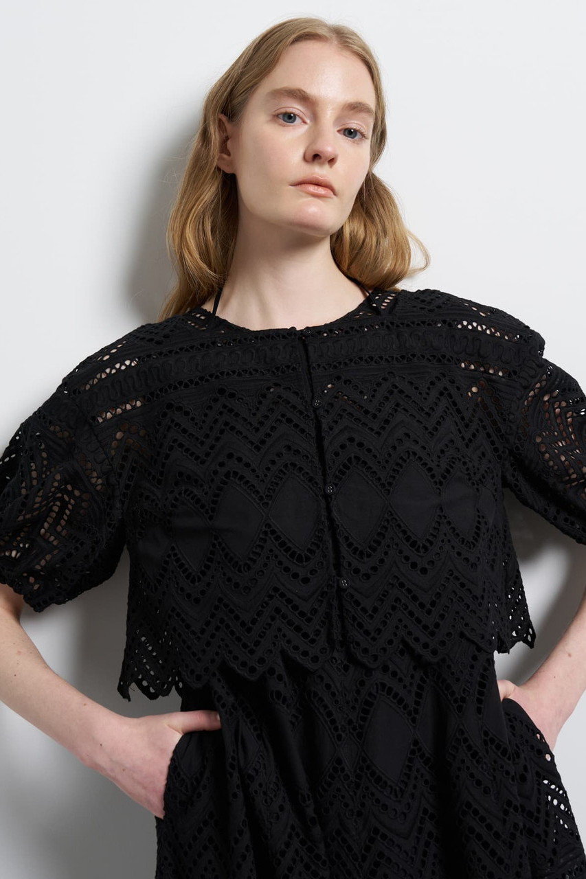 ランバン オン ブルー/LANVIN en Bleuのエンブロイダリーコットンレースブラウス(ブラック/3646617)