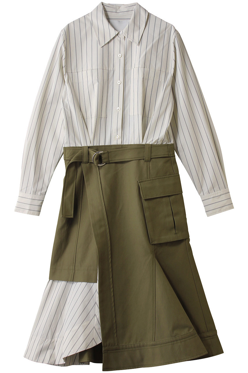 3.1 フィリップ リム/3.1 Phillip Limのロングスリーブ コンボ シャツドレス with フリルスカート(カーキ×クリーム ストライプ/E261-91038UCV)