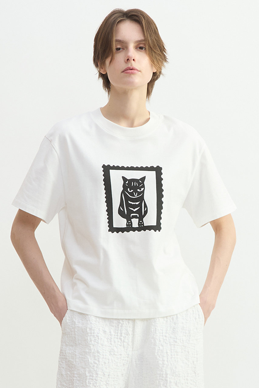 PLAIN PEOPLE(プレインピープル)｜キャットプリントTシャツ/ホワイト