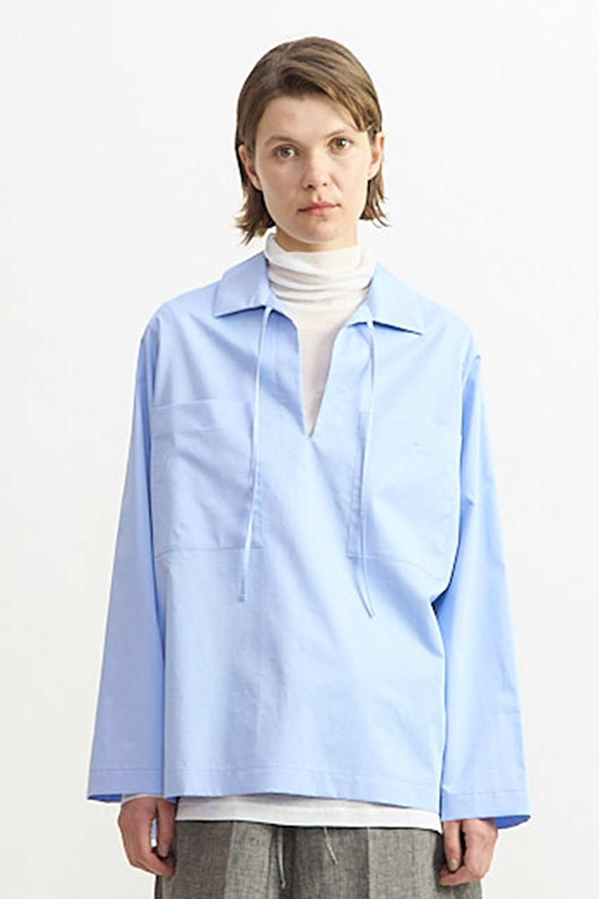 プレインピープル/PLAIN PEOPLEの【予約販売】ミニチェック コットンサテンスキッパーブラウス(サックスブルー/A1563FB 203)