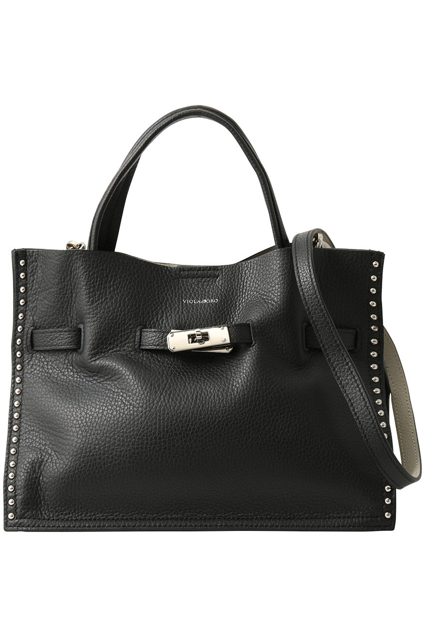 VIOLAd'ORO TRERO スタッズ付きダブルフェイスレザートートバッグ M (ブラック×グレー, F) ヴィオラドーロ ELLE SHOP