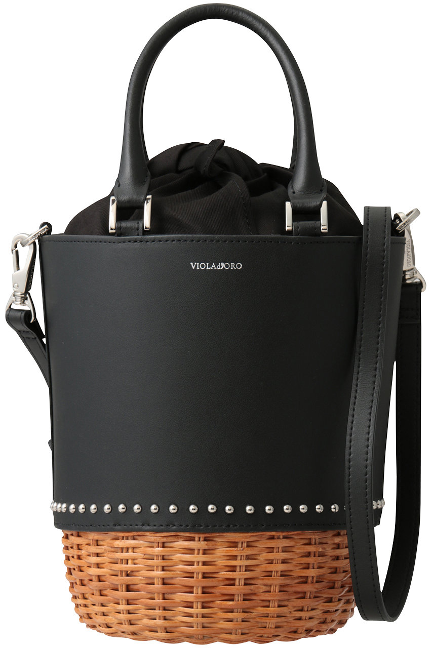 ヴィオラドーロ/VIOLAd'OROのMIRO スタッズ付きラタンコンビ2wayバケツバッグ(ブラック×キャメル/V-9030)