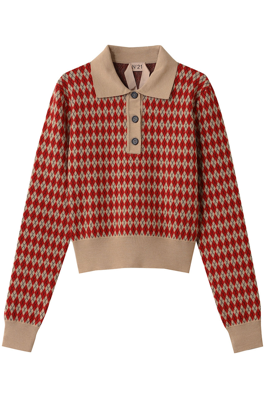 N°21 アーガイル ポロ ニットトップス (レッド, 38) ヌメロ ヴェントゥーノ ELLE SHOP