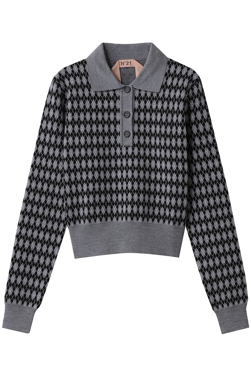N°21 アーガイル ポロ ニットトップス (グレー, 38) ヌメロ ヴェントゥーノ ELLE SHOP