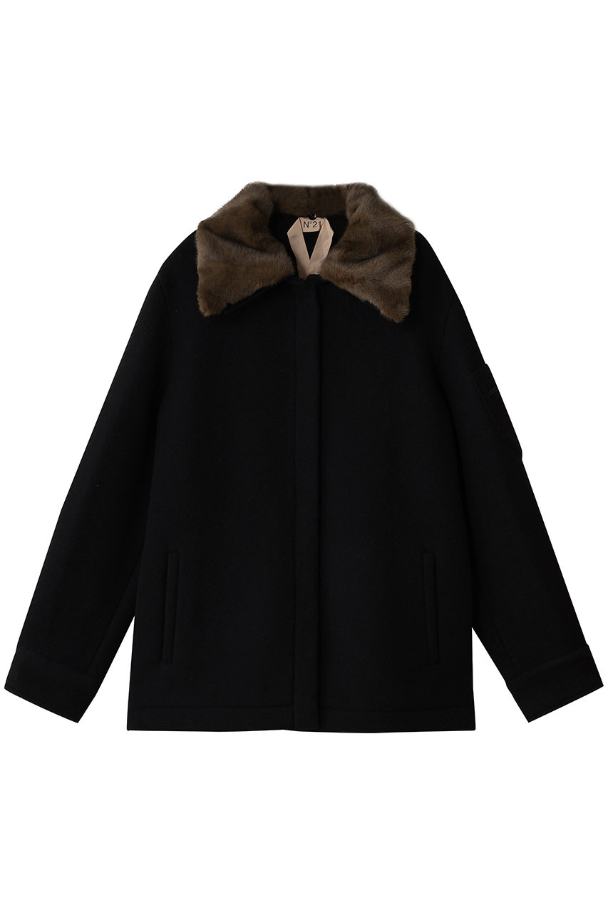 N°21 フェイクファーカラーショートコート (ブラック, 38) ヌメロ ヴェントゥーノ ELLE SHOP N°21 フェイクファーカラーショートコート (ブラック, 38) ヌメロ ヴェントゥーノ ELLE SHOP