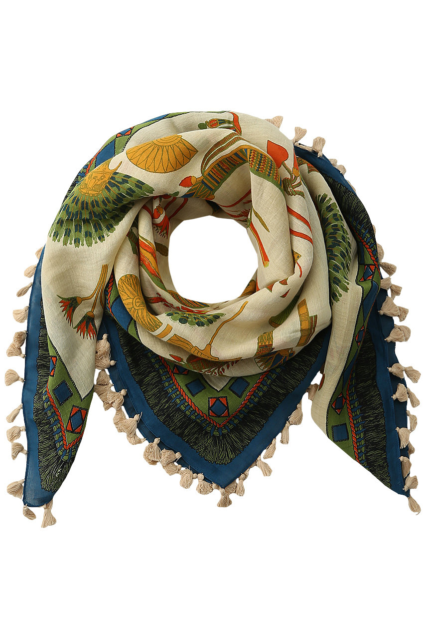 manipuri マニプリ 【予約販売】コットンシルクポンポン付スカーフ柄ストール グリーン(Egypt)