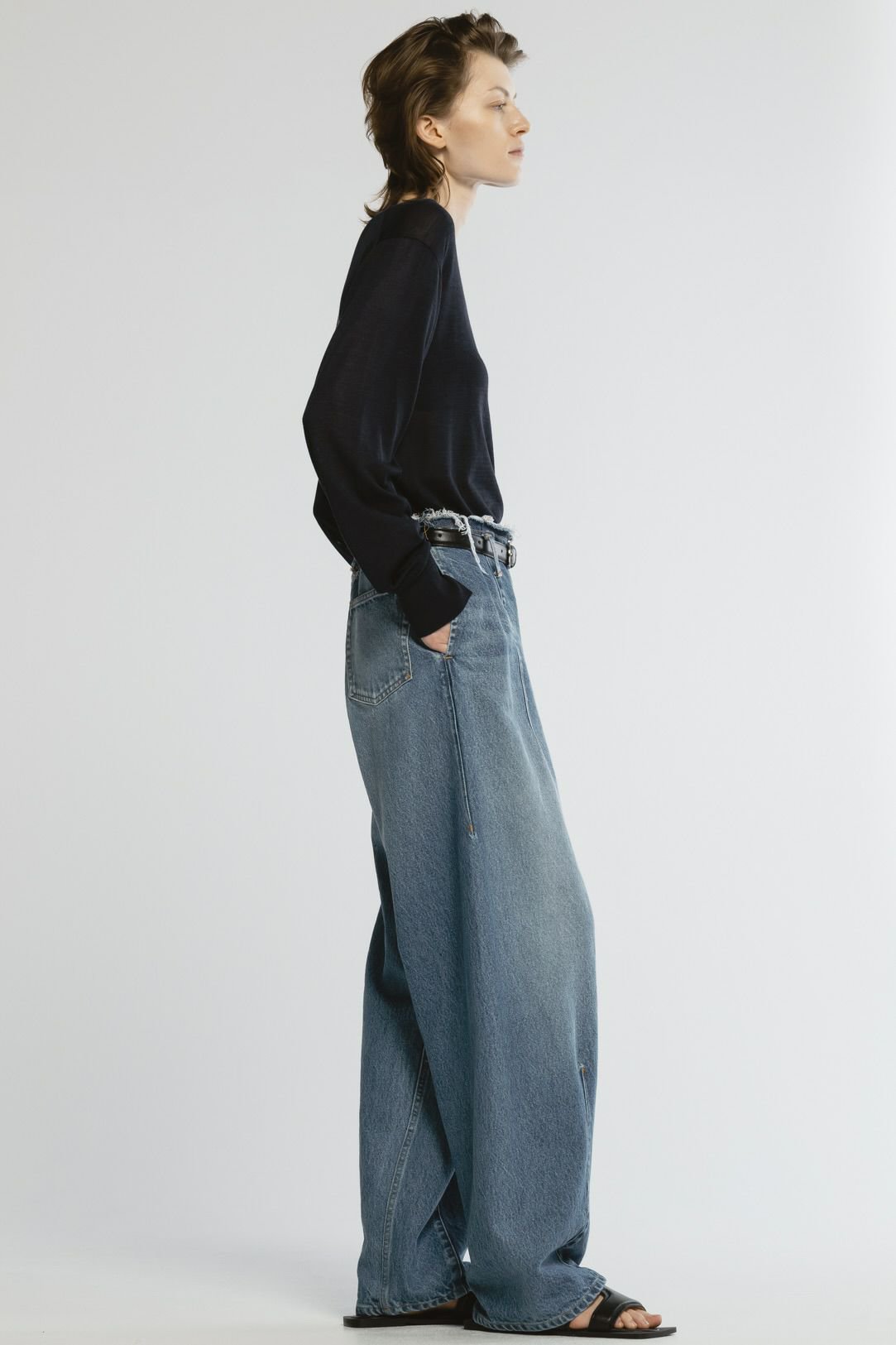 CINOH(チノ)｜デニムダメージワイドパンツ/ミッドブルー の通販