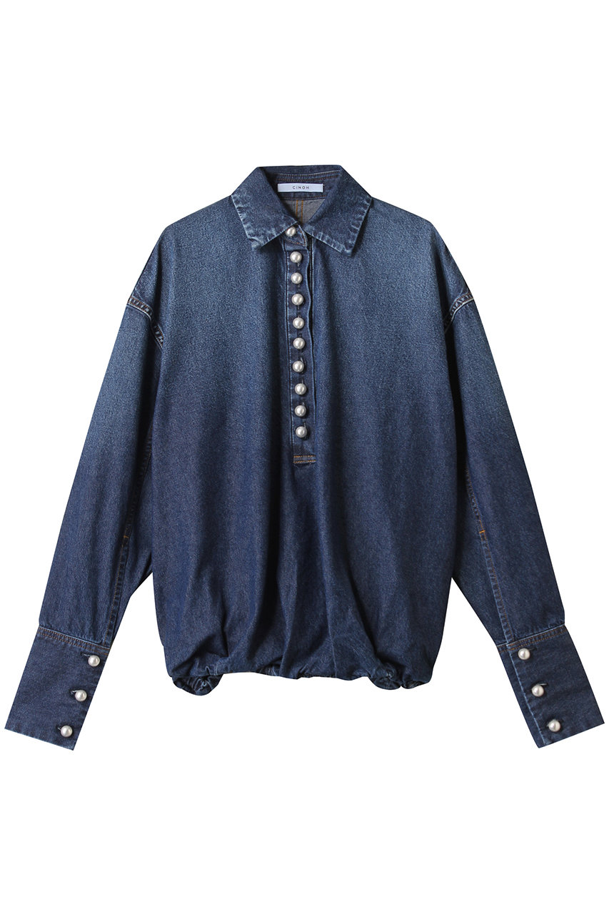 CINOH ブラウジング パール ボタン デニム シャツ (ブルー, 38) チノ ELLE SHOP CINOH ブラウジング パール ボタン デニム シャツ (ブルー, 38) チノ ELLE SHOP