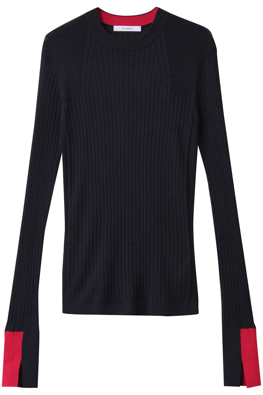 CINOH シルク クルーネック タイト ニット (ネイビー/レッド, 38) チノ ELLE SHOP CINOH シルク クルーネック タイト ニット (ネイビー/レッド, 38) チノ ELLE SHOP