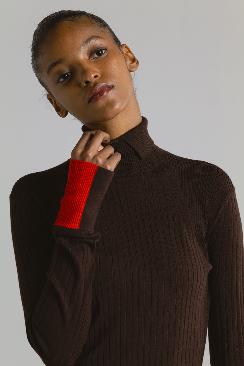 CINOH(チノ)｜タートル ネック タイト ニット/ブラウン/レッド の通販