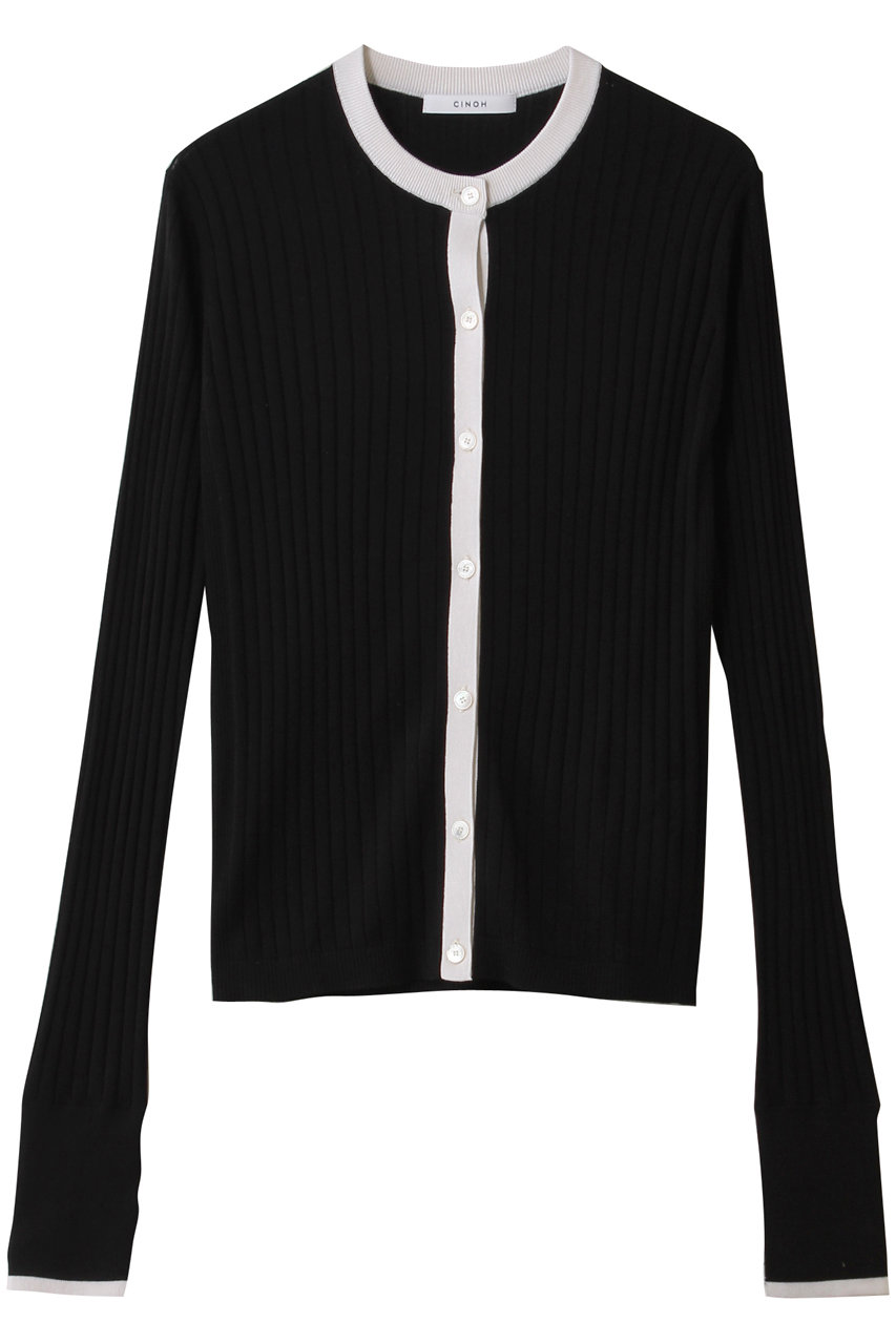 チノ/CINOHのシルク リブ ニット クルーネック カーディガン(ブラック/E-50-047)