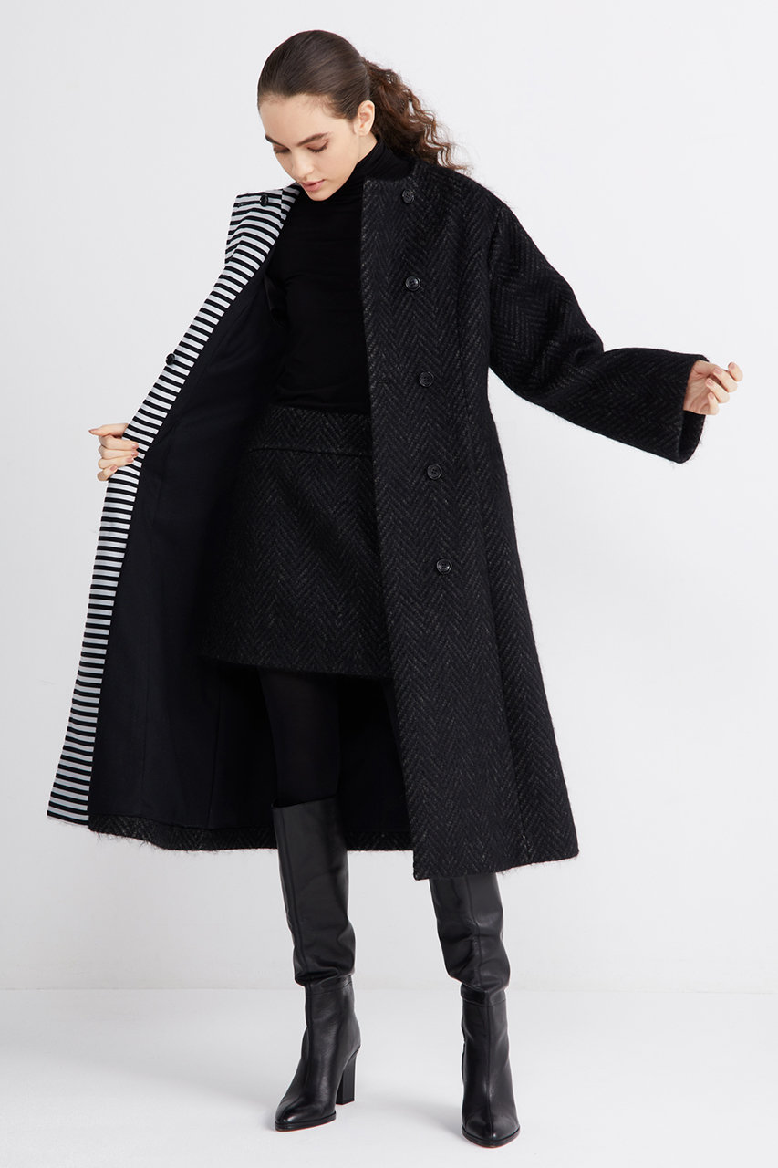 Borders At Balcony ボーダーズ アット バルコニー シャギーヘリンボーンロングコート ブラック の通販 Elleshop エル ショップ