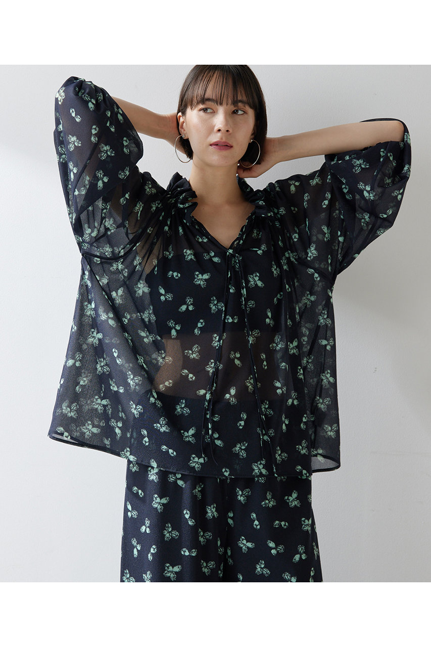 Whim Gazette シアーフラワーギャザーブラウス (ネイビー, F) ウィム ガゼット ELLE SHOP Whim Gazette シアーフラワーギャザーブラウス (ネイビー, F) ウィム ガゼット ELLE SHOP