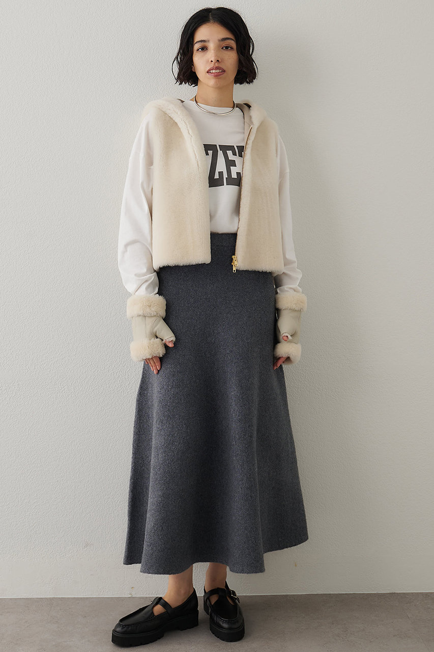 ☆FOXY ☆ ニットフレアスカート ウール100%リッチグレー 38 フォクシー ニットフレアスカート ロゴプレート グレージュ系 38 日本