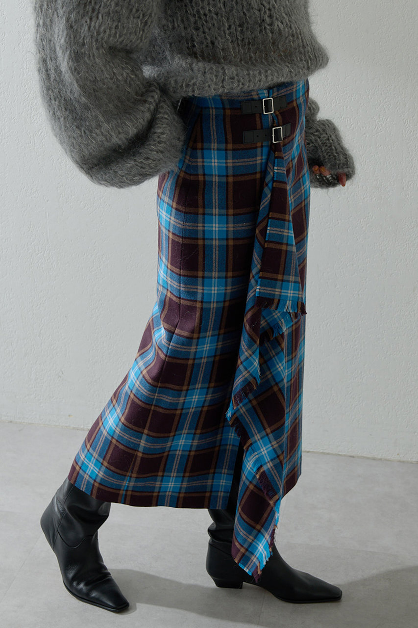 Whim Gazette(ウィム ガゼット)｜チェックフリンジスカート/ブルー の