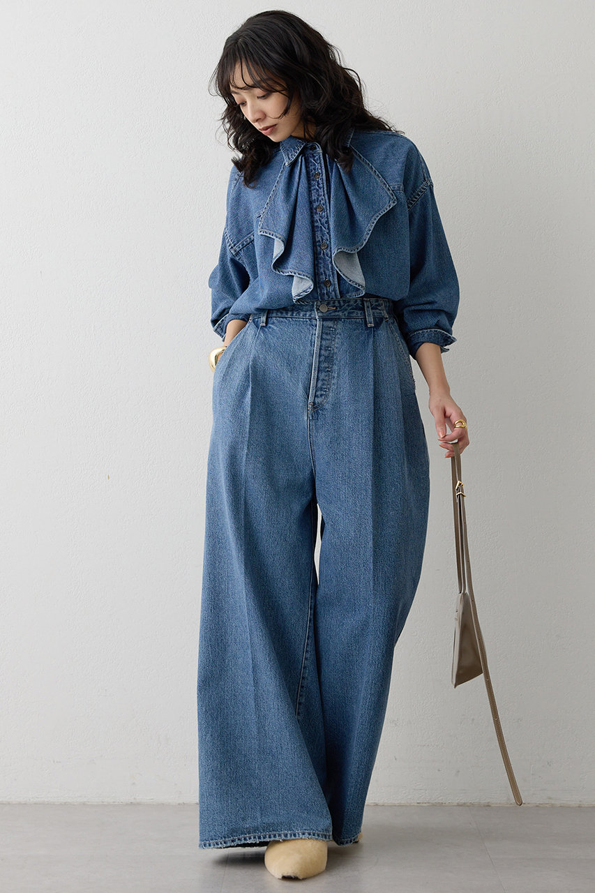 Whim Gazette(ウィム ガゼット)｜フリルデニムブラウス/ブルー の通販