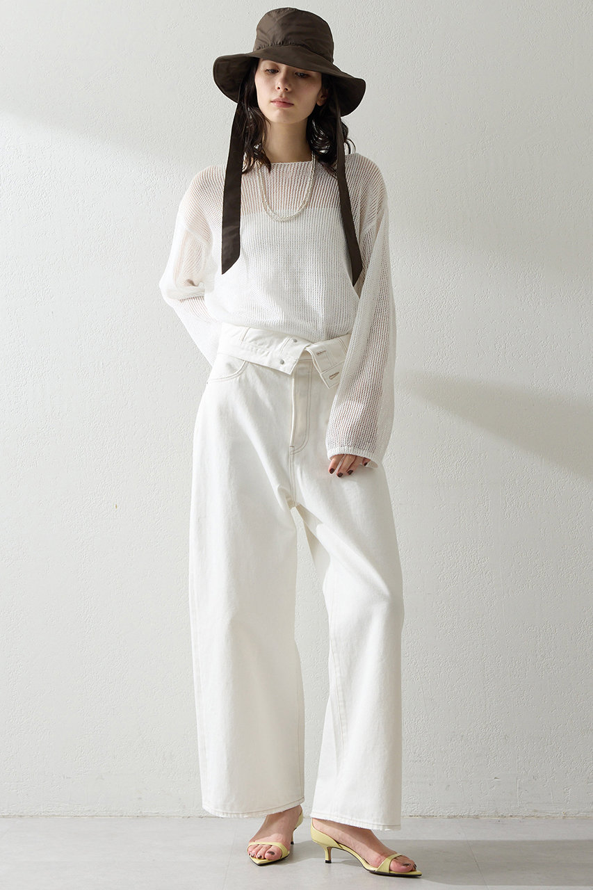 【美品】Whim Gazette ウィムガゼット ニット ホワイト 白 サイズ:FREE | 21春夏 メッシュ クルーネック プルオーバー / ニット | 長袖 ボートネック Vネック ワイド ドロップショルダー コットン | トップス Tシャツ【レディース】【中古】 Whim Gazette ウィムガゼット メッシュプルオーバー ニット コットン