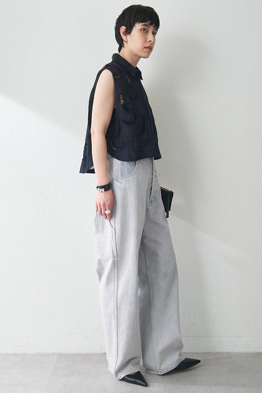 Whim Gazette / ウィムガゼット | 2025SS | セットアップ エンブロイダリーフレンチスリーブシャツ / ウエストゴム イージー パンツ | F | ブラック | レディース Whim Gazette(ウィム ガゼット)｜【予約販売】【WEB限定】エンブロイ