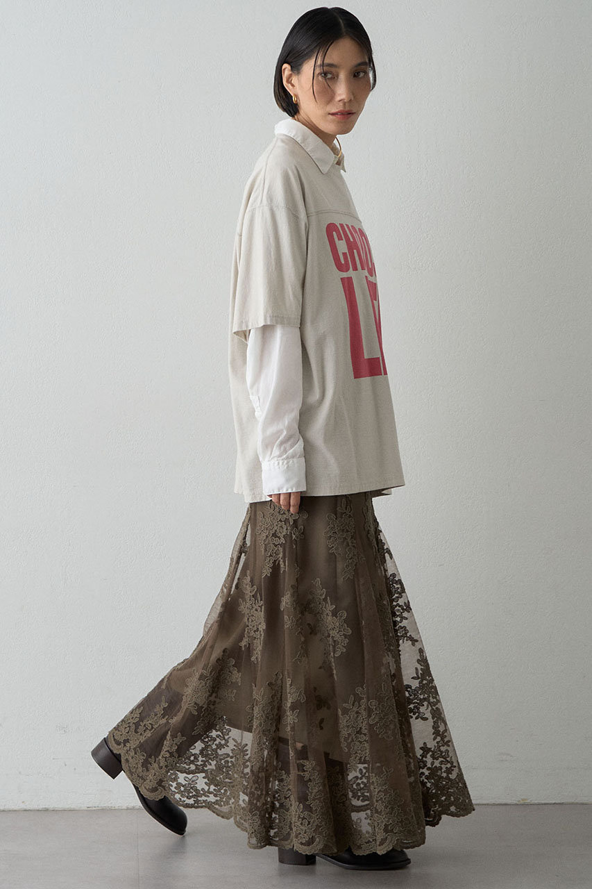 【whim gazette】ロング丈 フレアスカート カーキ 新品 Whim Gazette(ウィム ガゼット)｜【予約販売】レーシーフレアスカート