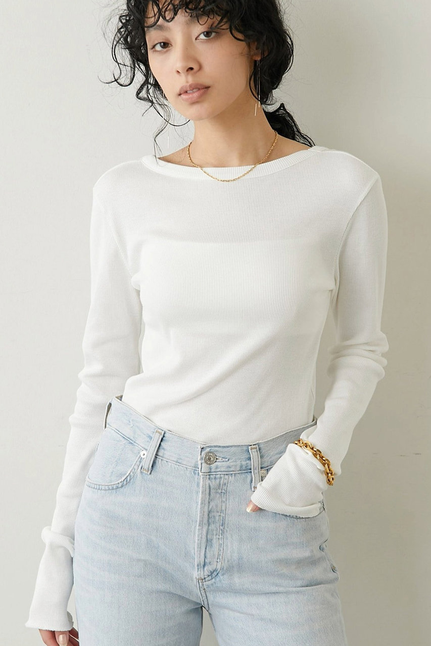 Whim Gazette Vバックシャンテレコカットソー (オフホワイト, F) ウィム ガゼット ELLE SHOP