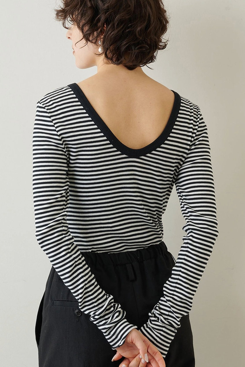 Whim Gazette Vバックシャンテレコカットソー (ブラックボーダー, F) ウィム ガゼット ELLE SHOP