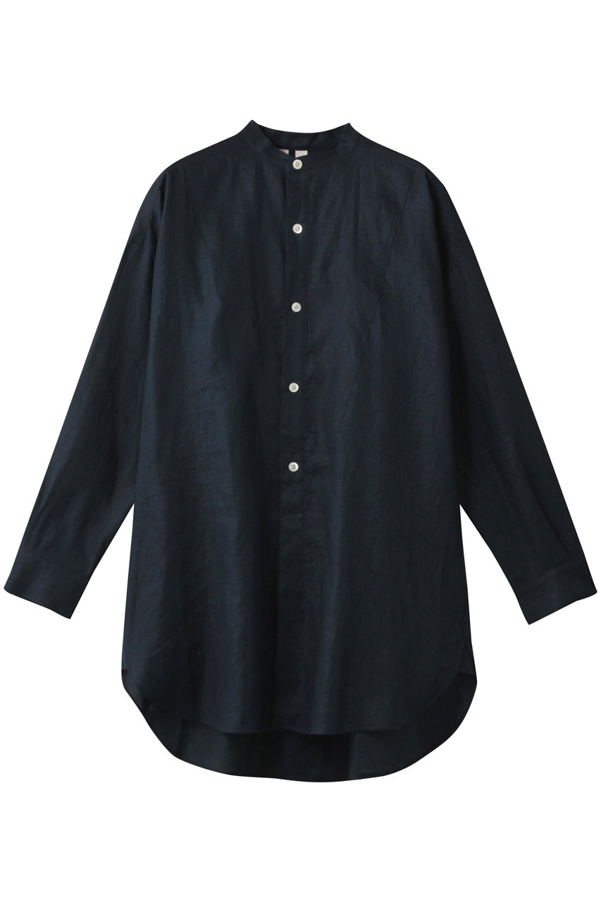 HELIOPOLE 【Traditional Weatherwear】BIG TUCK UP ノーカラーロングシャツ (ネイビー, S) エリオポール ELLE SHOP
