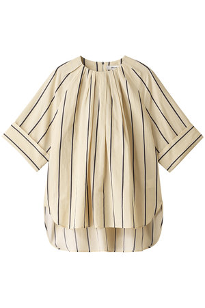 エブール/ebureのカナパストライプ ノーカラーショートスリーブブラウス