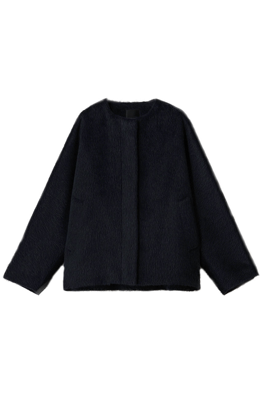 ebure アルパカシャギー ノーカラーショートコート (ネイビー, 38) エブール ELLE SHOP ebure アルパカシャギー ノーカラーショートコート (ネイビー, 38) エブール ELLE SHOP