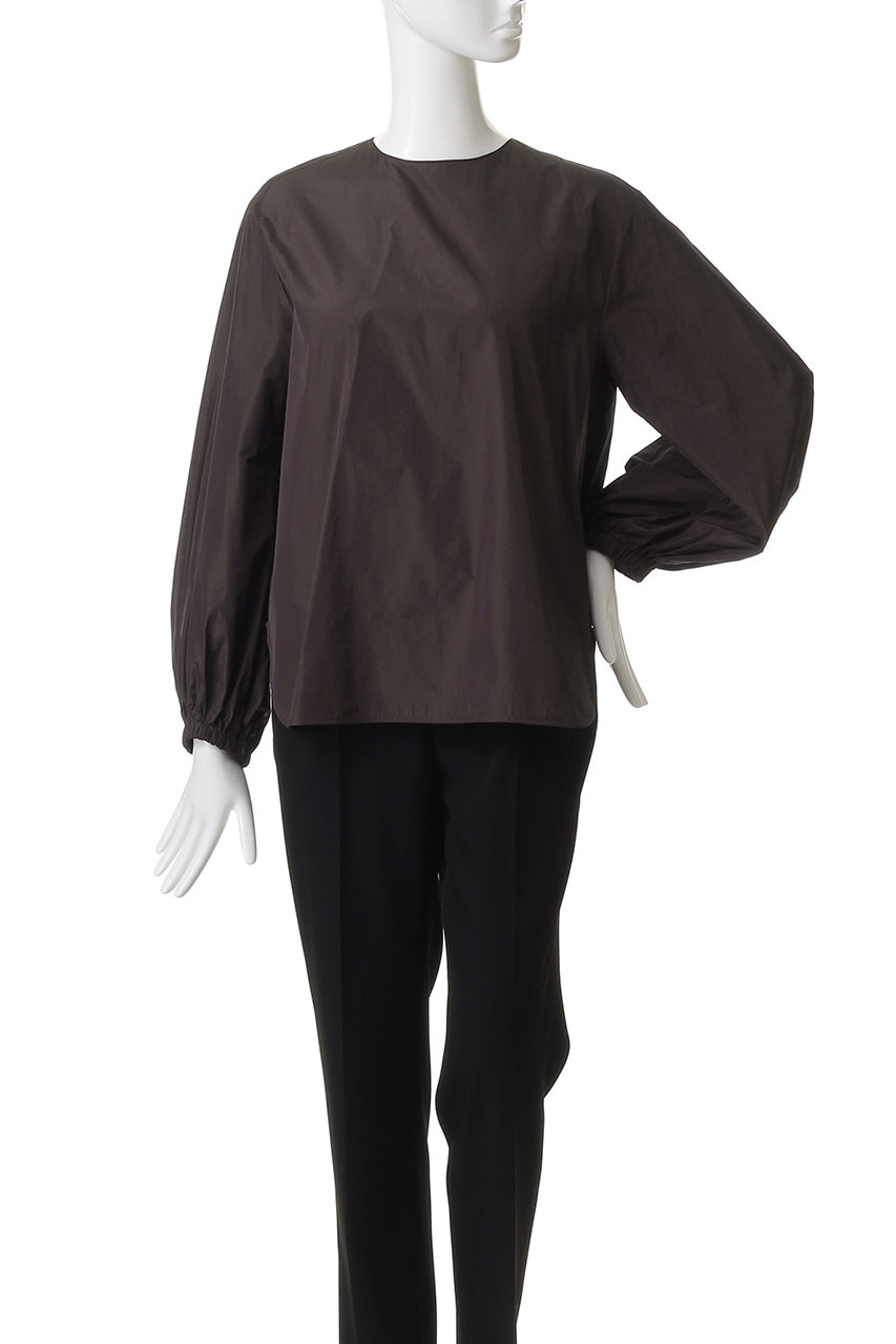 ebure(エブール)｜マイクロタフタ ノーカラーブラウス/ブラウン