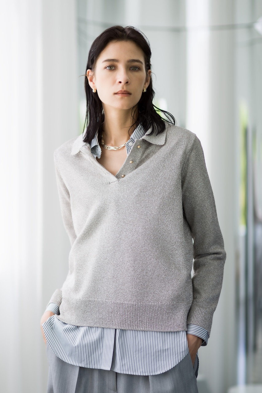 ebure シルバー ポロニット 38新品タグ付き ebure(エブール)｜ブライトラメリリヤーン ポロカラーニットプル