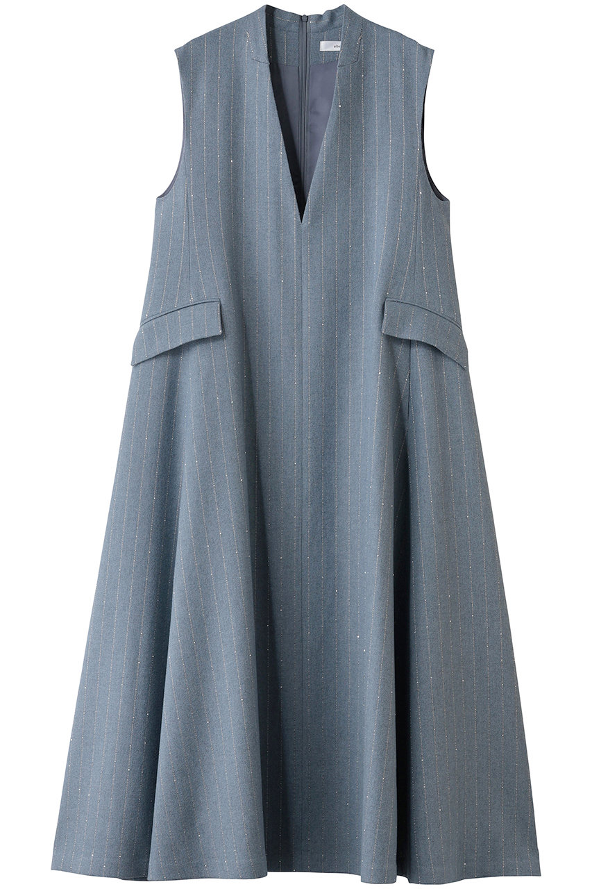 ebure スパングルウールストライプ 深Vネックワンピース (ブルー, 36) エブール ELLE SHOP