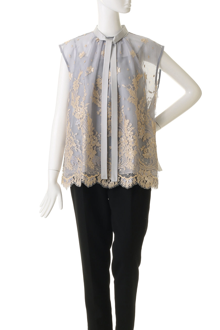 ebure(エブール)｜バイカラーリバーレース ボウタイブラウス/ライト