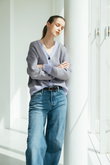 【予約販売】ヘリンボーンジャカードニット Vネックカーディガン エブール/ebure