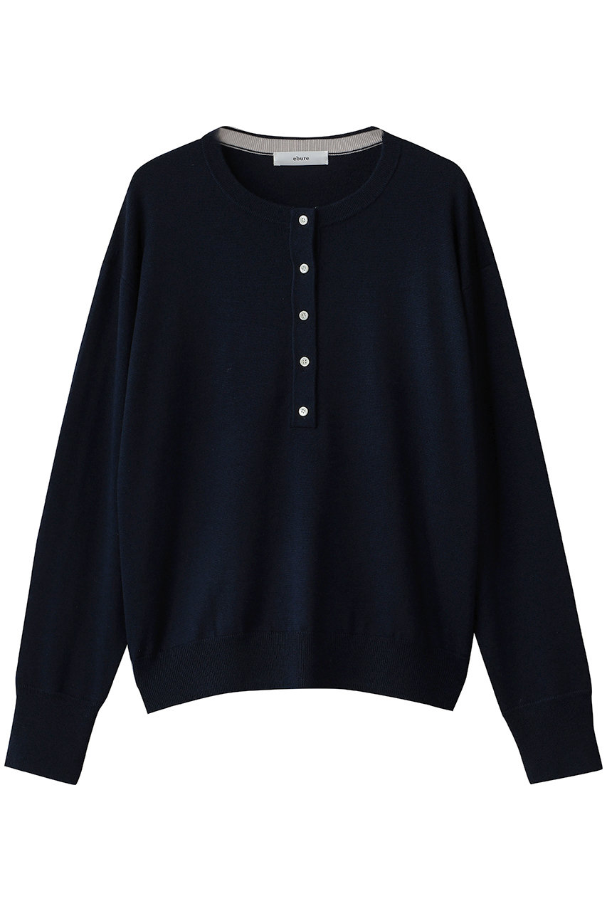 ebure ウールシルクカシミヤ ヘンリーネックニットプルオーバー (ネイビー, 38) エブール ELLE SHOP