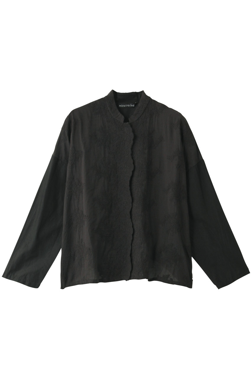 ミズイロインド/mizuiro indのスタンドカラーレースワイドシャツ(ブラック/1-239005)