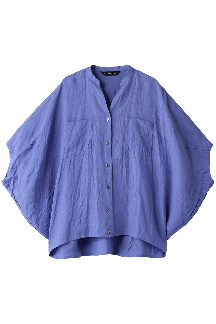 mizuiro ind linen stand collar cocoon shirt シャツ (ブルー, F) ミズイロインド ELLE SHOP mizuiro ind linen stand collar cocoon shirt シャツ (ブルー, F) ミズイロインド ELLE SHOP