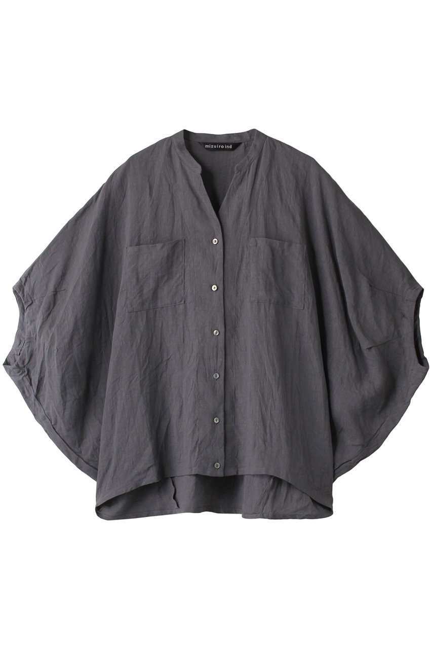 mizuiro ind linen stand collar cocoon shirt シャツ (グレー, F) ミズイロインド ELLE SHOP mizuiro ind linen stand collar cocoon shirt シャツ (グレー, F) ミズイロインド ELLE SHOP