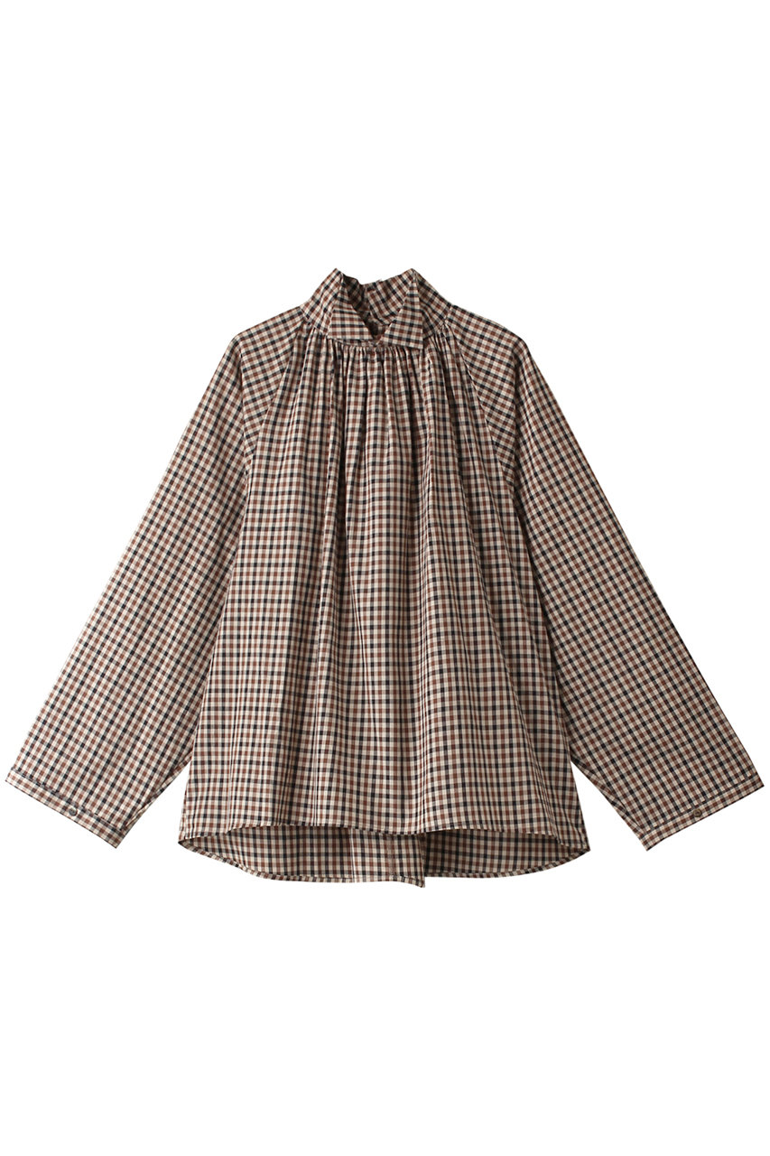 mizuiro ind check stand collar gather shirt シャツ (ブラウンチェック(97A), F) ミズイロインド ELLE SHOP