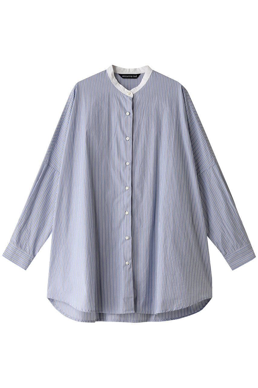mizuiro ind stripe stand collar wide shirt シャツ (blue, F) ミズイロインド ELLE SHOP