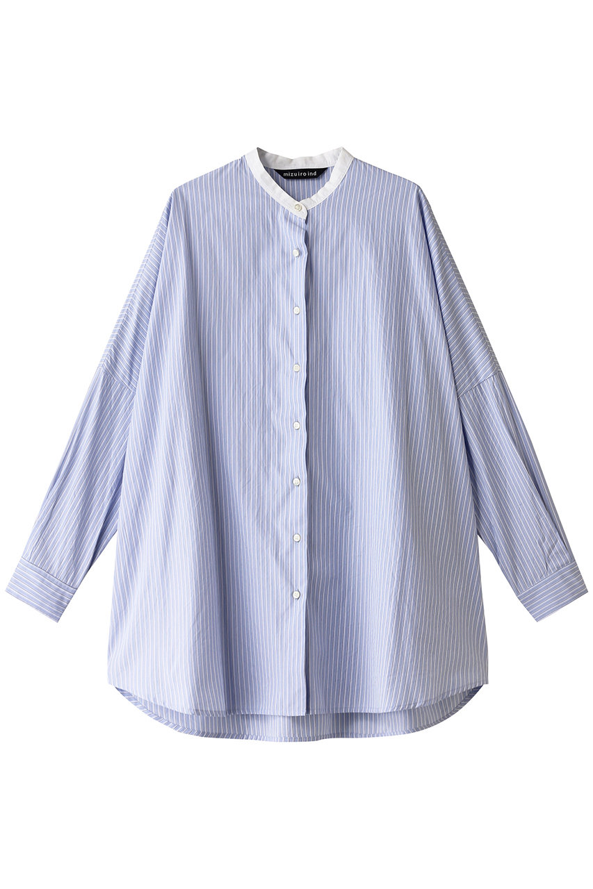 ミズイロインド/mizuiro indのstripe stand collar wide shirt シャツ(l.blue/1-230059)