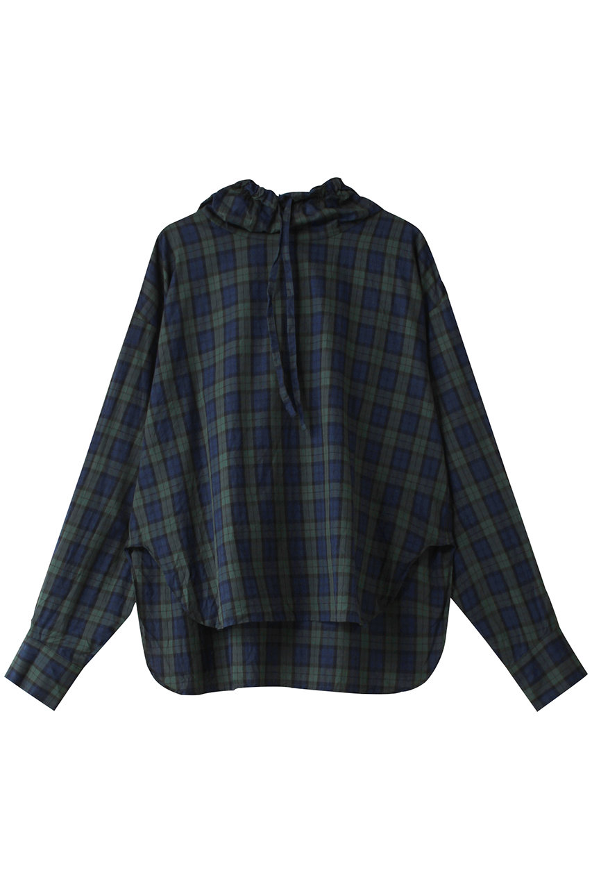 ミズイロインド/mizuiro indのcheck gathered hood P/O shirt シャツ(96black watch/3-230066)