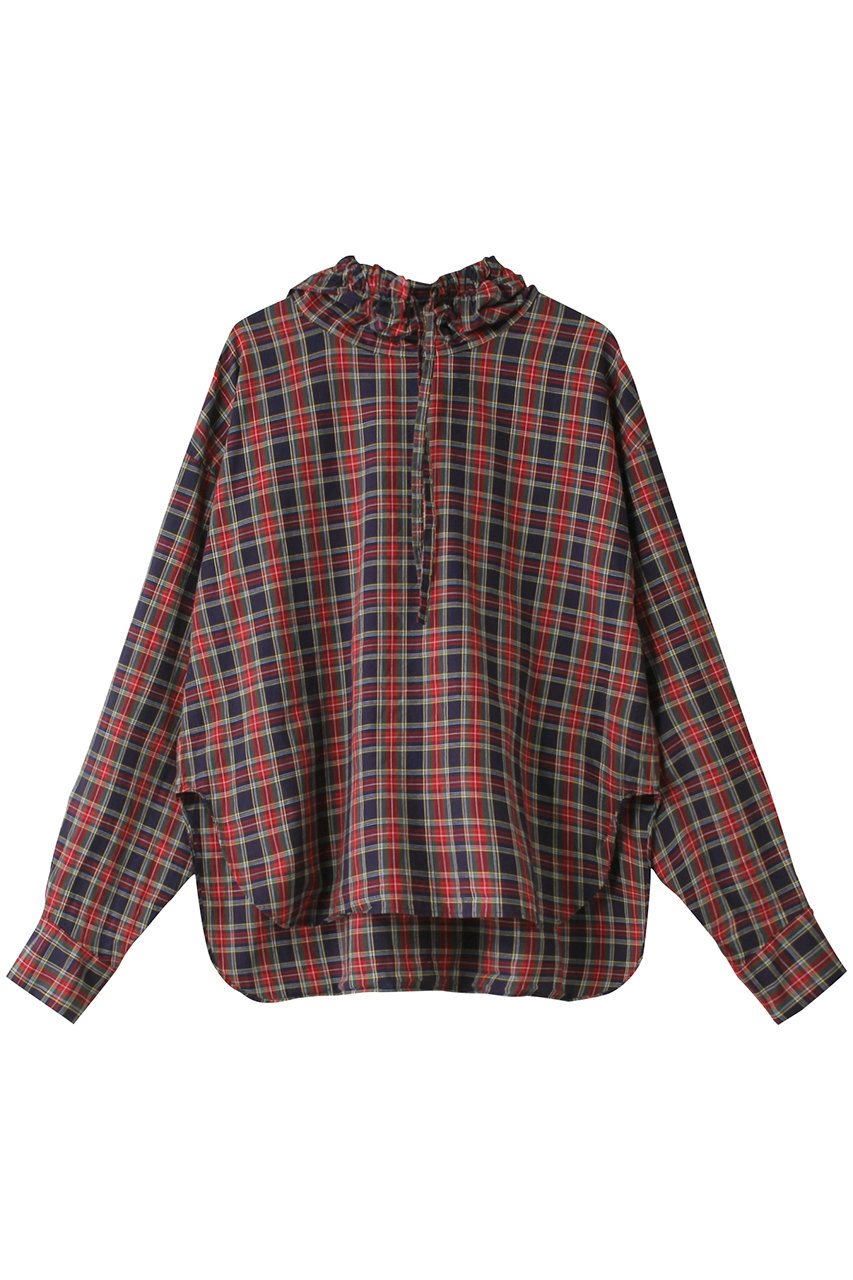 ミズイロインド/mizuiro indのcheck gathered hood P/O shirt シャツ(97navy/3-230066)