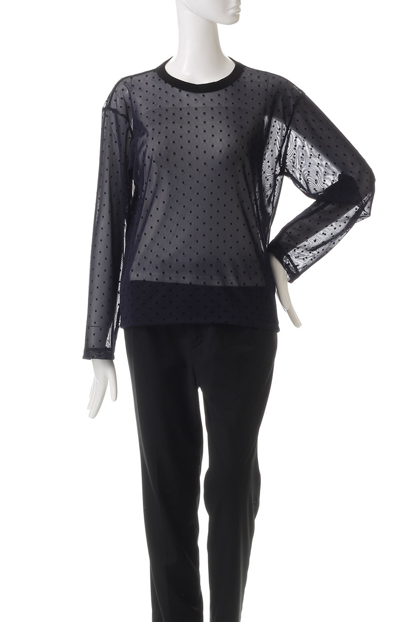 【ミズイロインド】　ブラウン　　ドット　メッシュ　ロンT mizuiro ind(ミズイロインド)｜mesh dots crew neck P/O プル