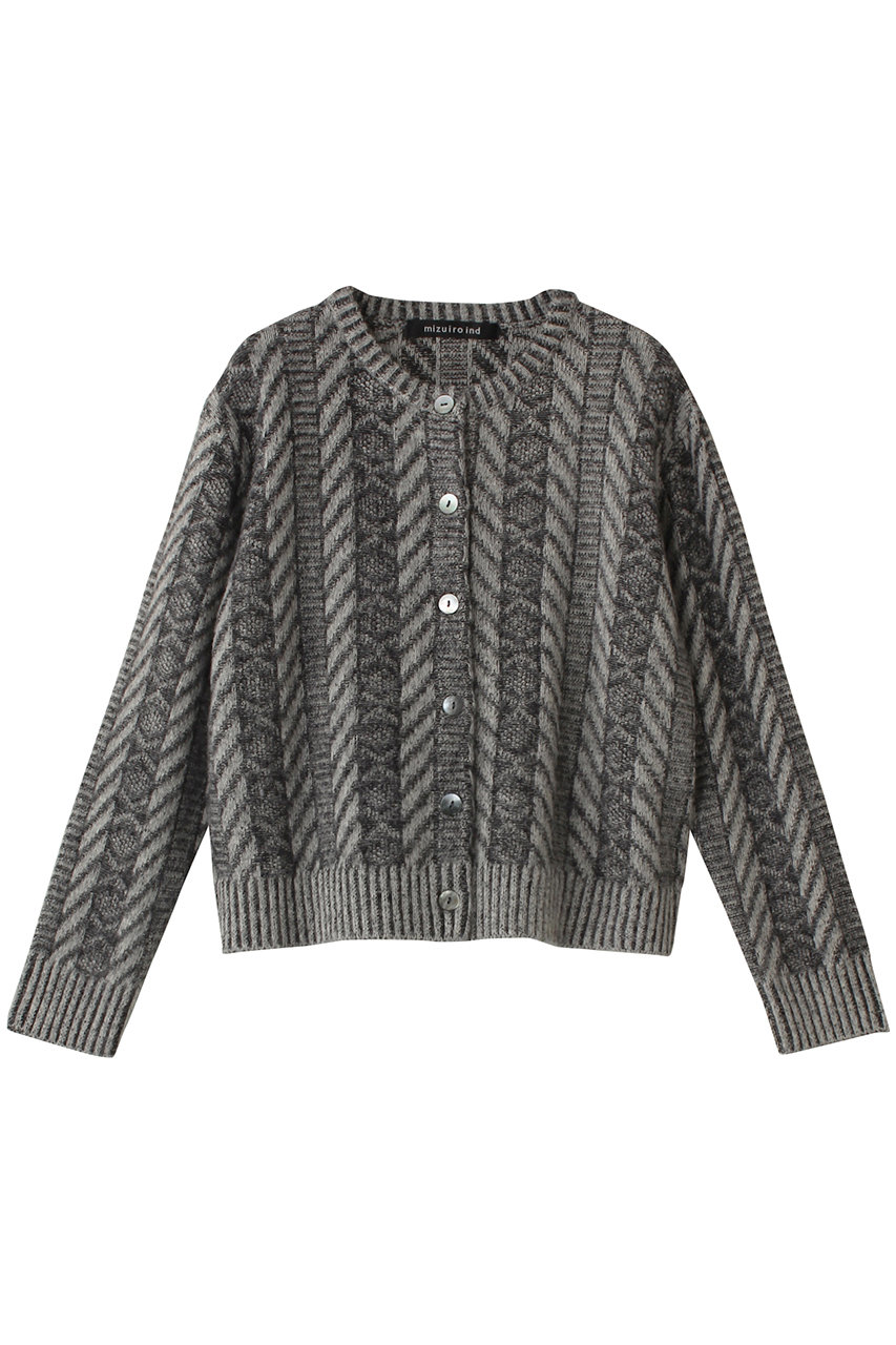 ミズイロインド/mizuiro indのplating stitch knit crew neck C/D カーディガン(black/4-220068)