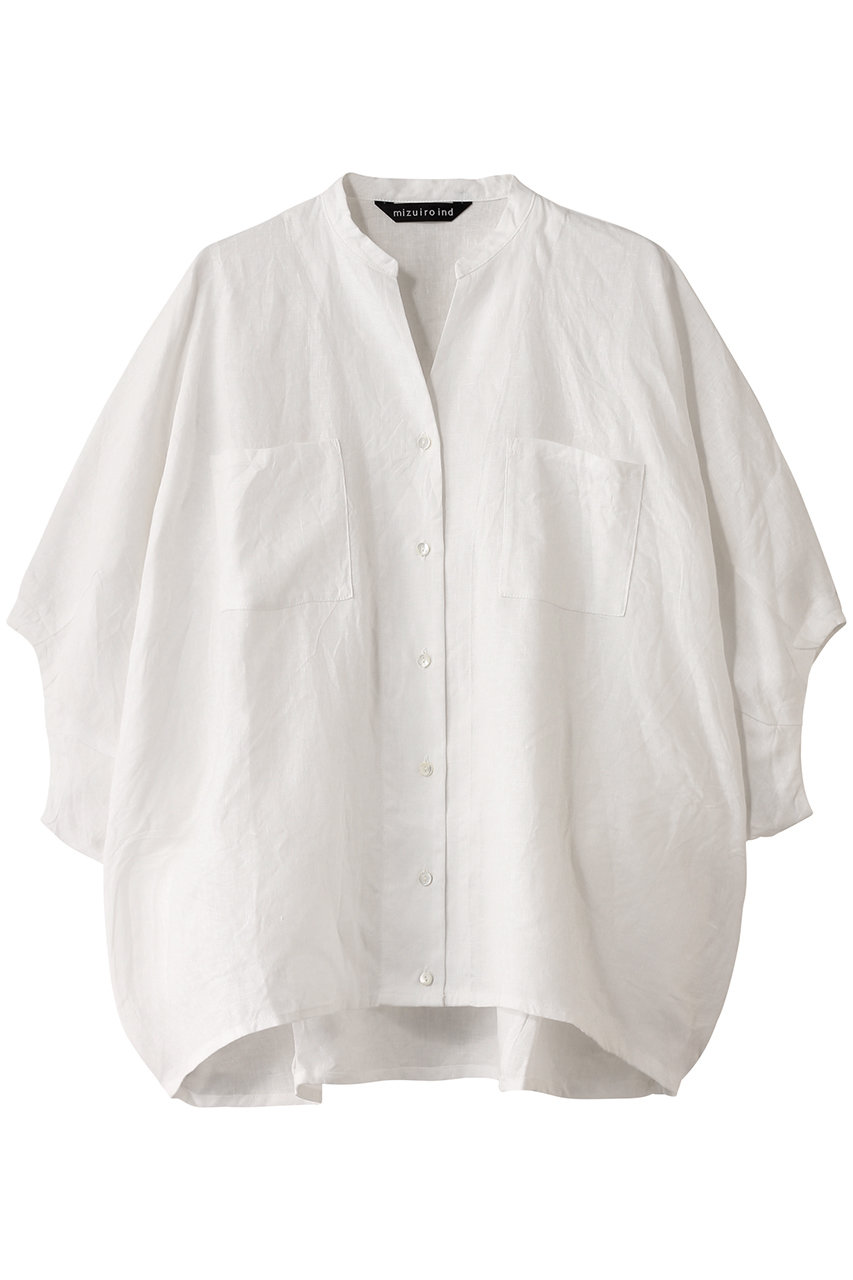 mizuiro ind linen stand collar cocoon shirt シャツ (off white, F) ミズイロインド ELLE SHOP mizuiro ind linen stand collar cocoon shirt シャツ (off white, F) ミズイロインド ELLE SHOP