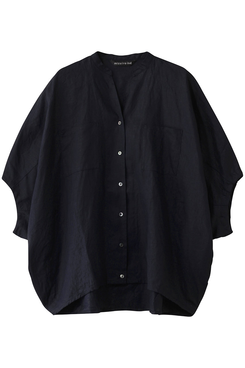 mizuiro ind linen stand collar cocoon shirt シャツ (navy, F) ミズイロインド ELLE SHOP mizuiro ind linen stand collar cocoon shirt シャツ (navy, F) ミズイロインド ELLE SHOP