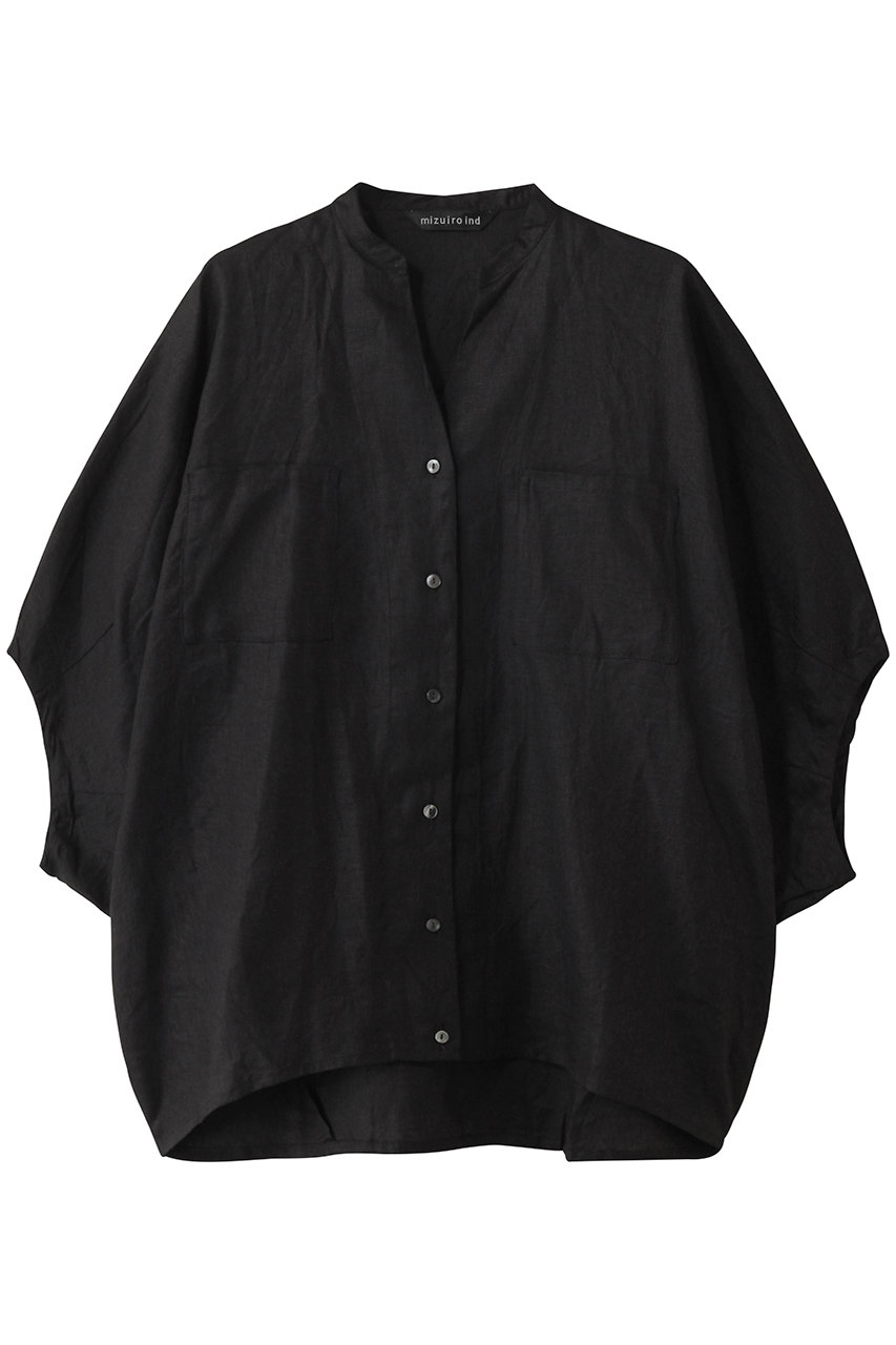mizuiro ind linen stand collar cocoon shirt シャツ (black, F) ミズイロインド ELLE SHOP mizuiro ind linen stand collar cocoon shirt シャツ (black, F) ミズイロインド ELLE SHOP