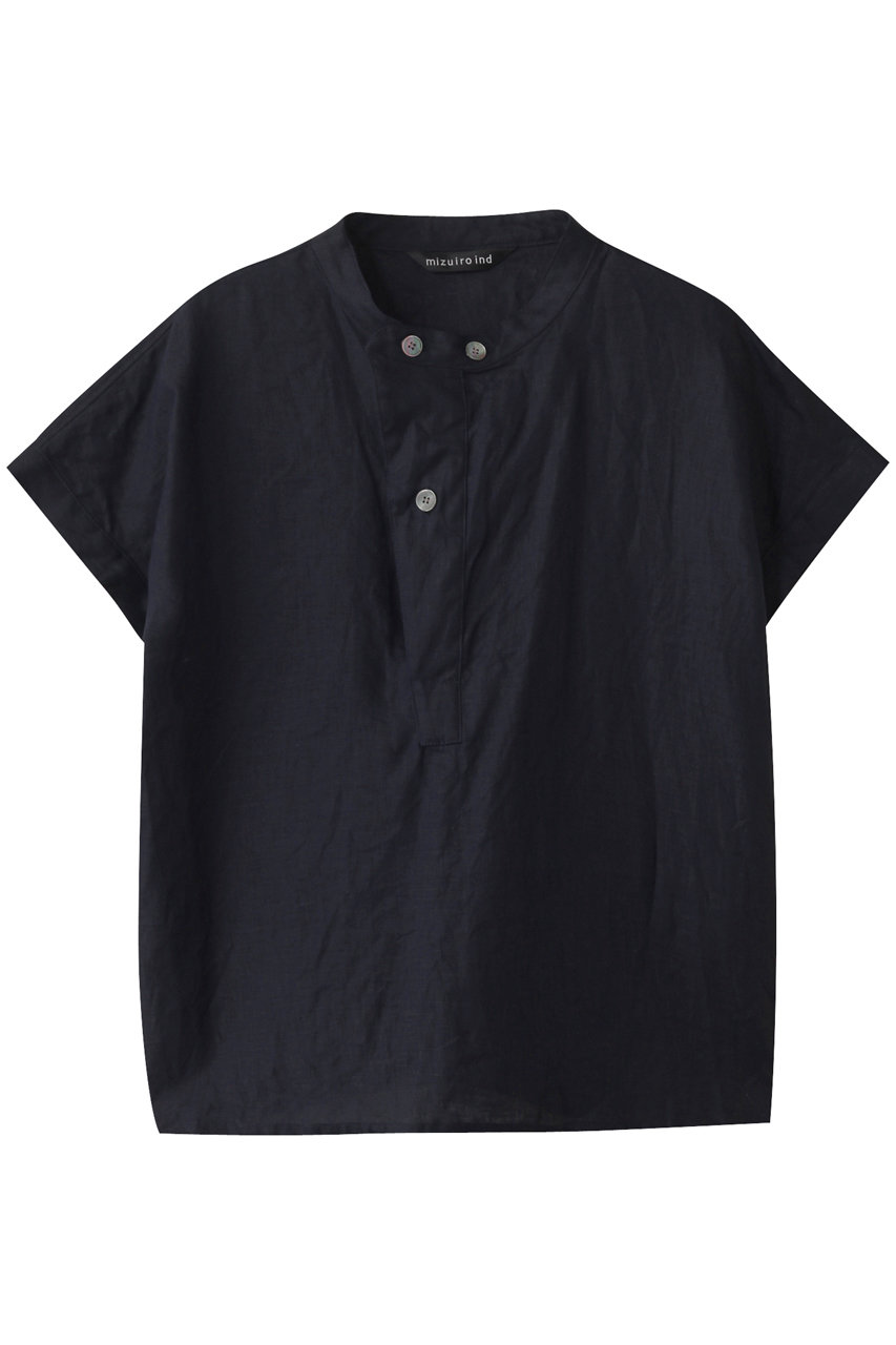 mizuiro ind linen stand collar shirt シャツ (navy, F) ミズイロインド ELLE SHOP mizuiro ind linen stand collar shirt シャツ (navy, F) ミズイロインド ELLE SHOP